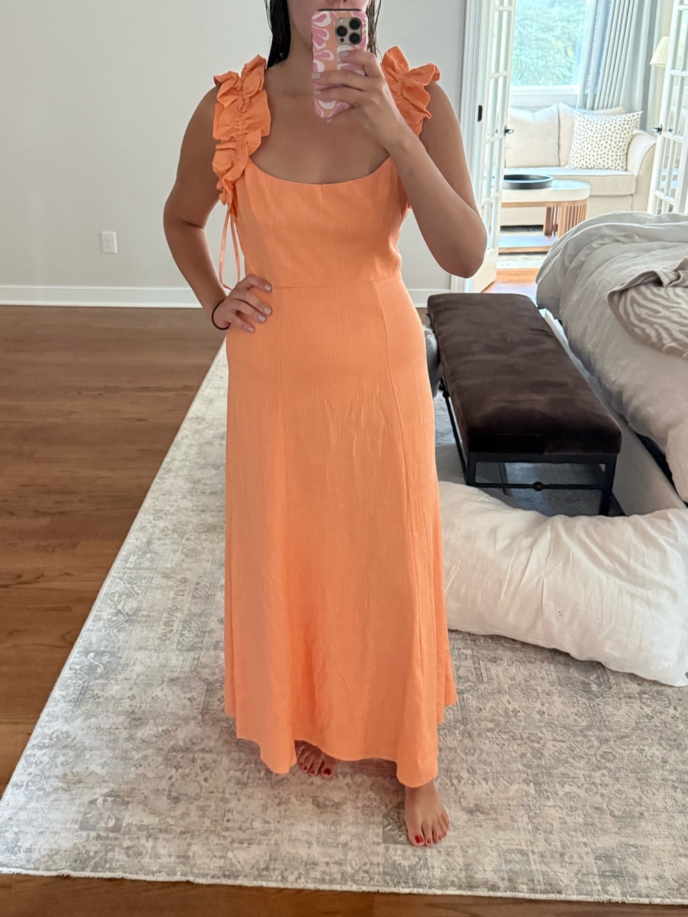 Sleeveless Ruffle Strap Maxi Dress in Peach